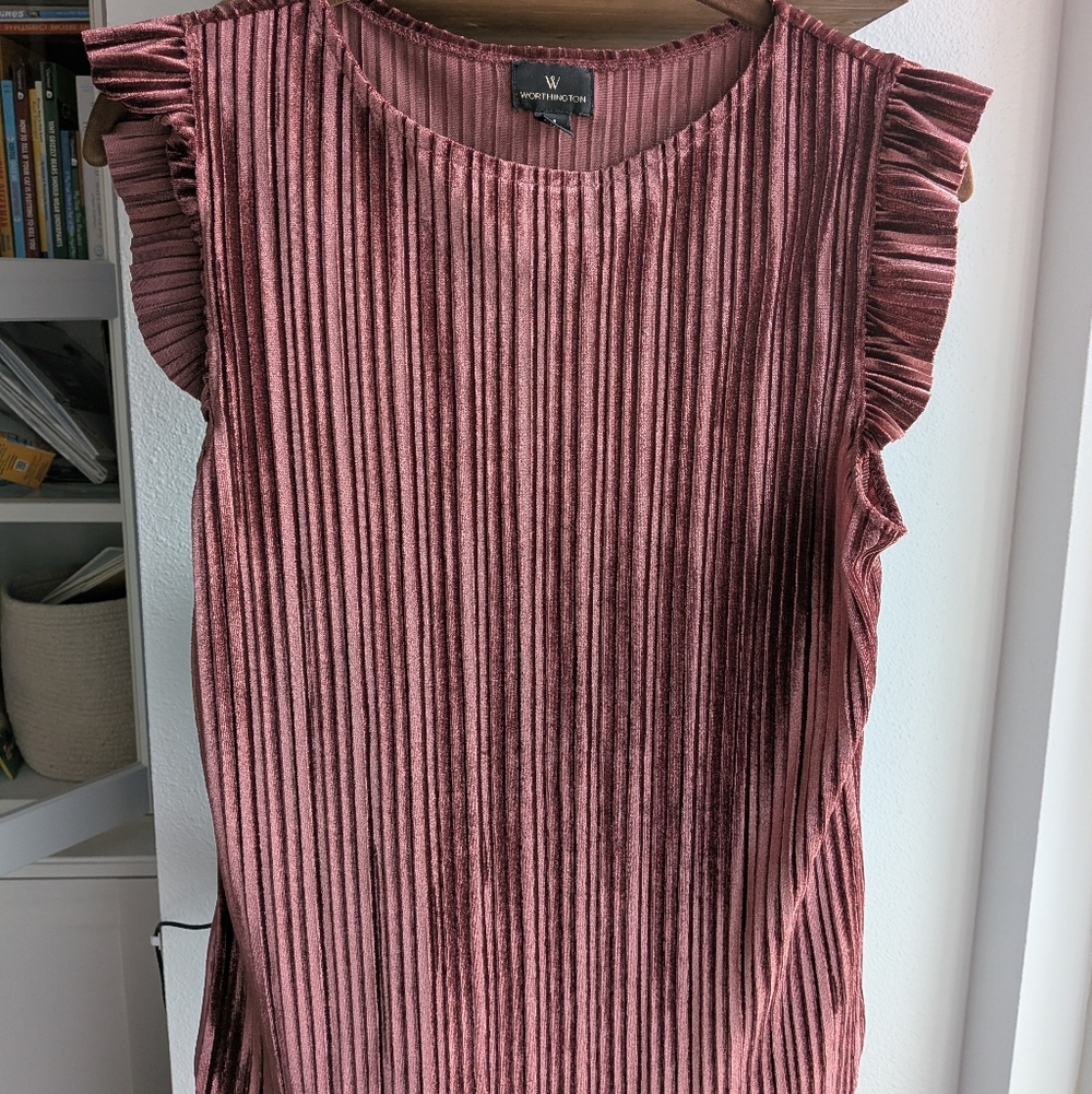 Worthington Mauve Pleated Velvet Top - Ruffle Sleeve - Size Medium